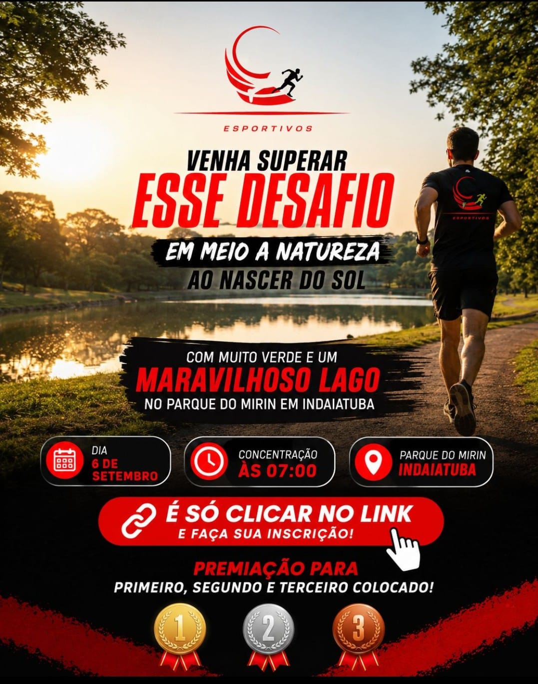 Cartaz da corrida da Akaméli no Parque do Mirim, em Indaiatuba, com atleta correndo ao nascer do sol